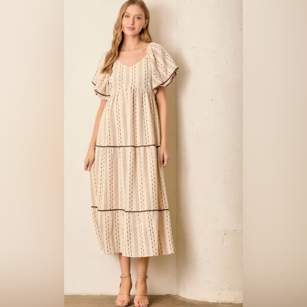 NEW Polagram Brown Lace Floral Tiered Maxi Dress - Picture 3 of 8